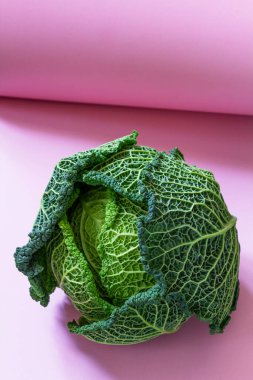Açık pembe karton üzerinde desenli Savoy lahanası. Evde yetiştirilen lahana, seçici odaklanma.