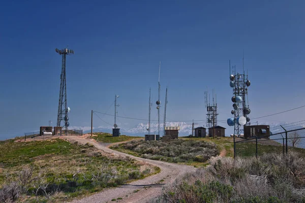 stock image Radio Tower Observatory on West Lake Mountain Peak spring mountain hiking trail, Utah Lake, Wasatch Front Rocky Mountains, Provo, Utah. USA.