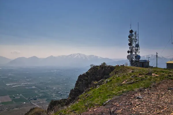 stock image Radio Tower Observatory on West Lake Mountain Peak spring mountain hiking trail, Utah Lake, Wasatch Front Rocky Mountains, Provo, Utah. USA.