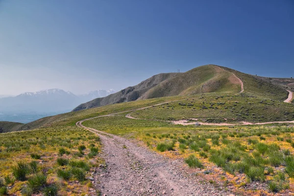 stock image West Lake Mountain Peak hiking trail views by Radio Towers and Observatory, Wasatch Front Rocky Mountains, Provo, Utah. USA.