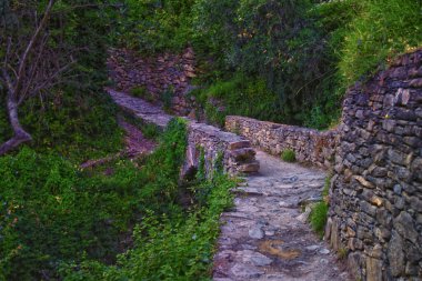 Cinque Terre, İtalyan Riviera kıyı şeridinde sahil köyleri boyunca yürüyüş parkurları görüyor. Liguria, İtalya, Avrupa. 2023 Yazı. 