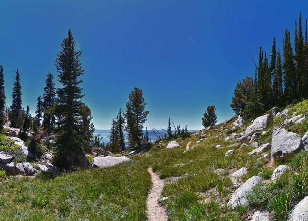 Lone Peak yürüyüş yolu manzarası ve Jacobs Merdiveni, Wasatch Rocky Dağları, Utah, ABD.