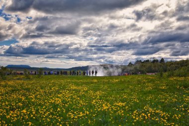Büyük Geysir ve Strokkur gayzer Altın Çember Güneybatı İzlanda, Haukadalur vadisi Laugarfjall lav kubbesi, Avrupa.