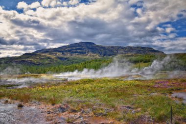 Büyük Geysir ve Strokkur gayzer Altın Çember Güneybatı İzlanda, Haukadalur vadisi Laugarfjall lav kubbesi, Avrupa.