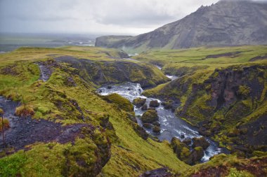 Hestavaosfoss, Fosstorufoss, Steinbogafoss waterfalls above Skogafoss waterfall summer 2024 Ring Road South coast of Iceland, Scandinavia, Europe. clipart