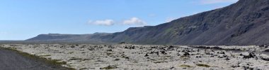 South Coast Iceland landscape by ocean with lava rock covered in white Lichens and Moss by Fagradalsfjall Volcano, Scandinavia, Europe clipart