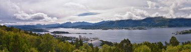 Norveç, Alesund 'dan Fjord kıyı şeridi manzarası şehrin yukarısındaki yürüyüş parkurundan, Avrupa İskandinavya manzarası