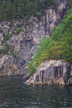 Norveç kıyısı kıyısı okyanus manzaralı. Dağlar, ormanlar, şelaleler ve küçük kasabalar. İskandinavya, Norveç