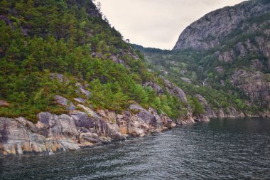 Norveç kıyısı kıyısı okyanus manzaralı. Dağlar, ormanlar, şelaleler ve küçük kasabalar. İskandinavya, Norveç