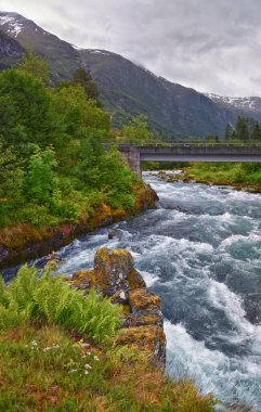 Olden Norveç 2024, Avrupa 'nın en büyük buzulu olan Briksdal Buzulu' na doğru yürüyüş yapıyor. Sognefjord 'a akan buzul nehri. İskandinavya, Kuzey.