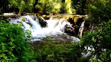 Gently flowing water sweeping over rocks and stones among the greenery 