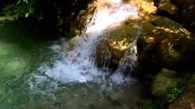 Gently flowing water sweeping over rocks and stones among the greenery 