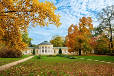 Spa mimarisi - Ferdinand soğuk maden suyu kaynağı sütunu- Çek Cumhuriyeti 'nin (Karlovy Vary bölgesi) batı kesimindeki Marianske Lazne (Marienbad) büyük spa kasabasının parkında sonbahar)