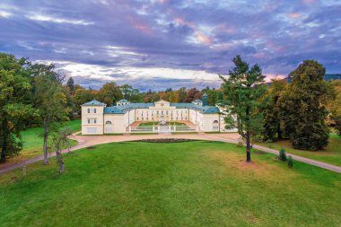 Lazne Kynzvart, Czech Republic - October 21, 2023: Aerial drone view of State Castle Kynzvart - castle is located near the famous west Bohemian spa town Marianske Lazne (Marienbad) clipart