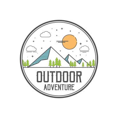 Çizgi sanatı macera logo şablonu 10 birim. Klasik basit logo tasarımı. Açık hava macera çizgisi sanat sahnesi, yürüyüş manzarası. Stok vektör rozeti.