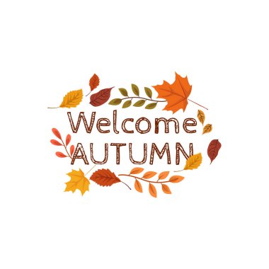 Düz Tasarım Hoş Geldiniz Sonbahar Yaprakları Arkaplanı. Sonbahar yapraklarının vektör çizimi Sonbahar tipografisi ile