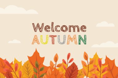 Sonbahar vektör arkaplanına hoşgeldiniz. Sonbahar mevsimi akçaağaç ve meşe yaprakları ile boş uzay arka grubunda selamlama metni