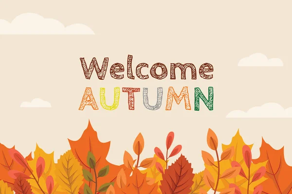 Sonbahar vektör arkaplanına hoşgeldiniz. Sonbahar mevsimi akçaağaç ve meşe yaprakları ile boş uzay arka grubunda selamlama metni