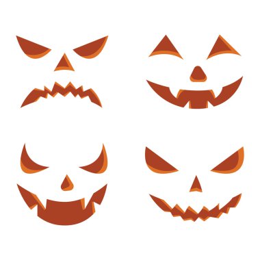 Cadılar bayramı balkabağı ya da hayalet seti vektör illüstrasyonuyla karşı karşıya. Korkunç cadılar bayramı kabağı yüzleri vektör görüntüsünü ayarlar