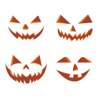 Cadılar bayramı balkabağı ya da hayalet seti vektör illüstrasyonuyla karşı karşıya. Korkunç cadılar bayramı kabağı yüzleri vektör görüntüsünü ayarlar