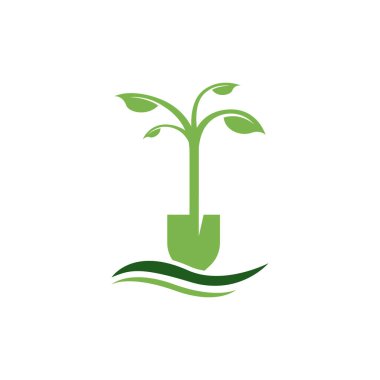 Manzara logo ağacı yaprakları ve kürekleri. Kavramsal ağaç kürek logosu. Peyzaj bahçıvanı ikonu. Bahçıvanlık amblemi. Peyzaj şirketi sembolü. Vektör illüstrasyonu.