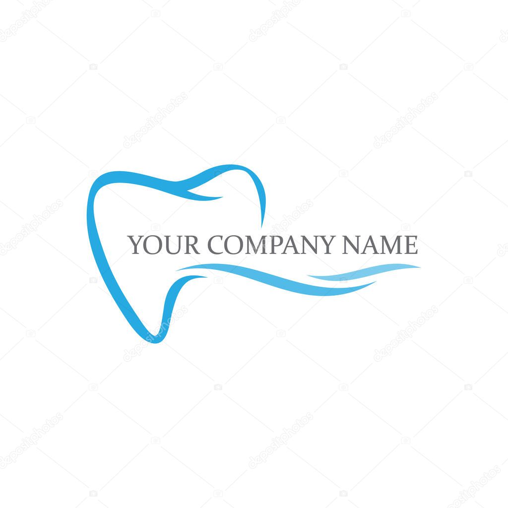 Illustration of a dental logo showing a minimalistic tooth graphic with blue accents and customizable placeholder text for corporate branding.