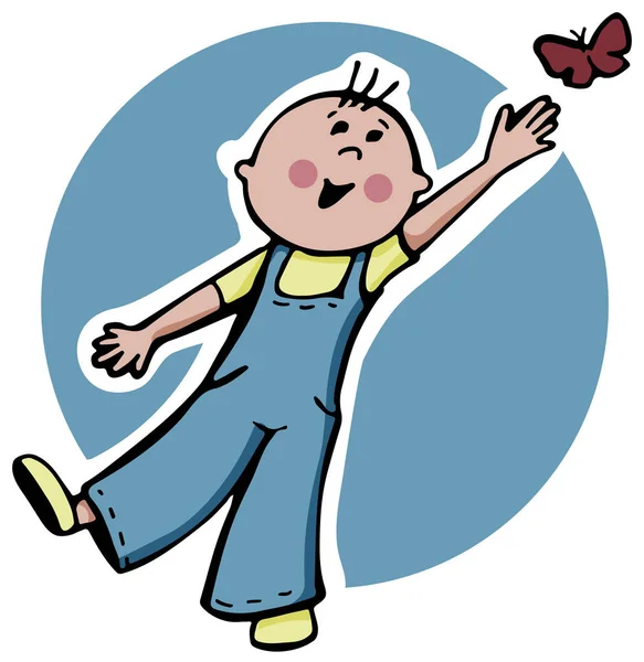 Маленький Удивленный Мальчик Тянется Летающей Бабочке — стоковый вектор