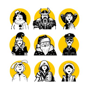 Noel karnavalı kostümleri 2 ve çizgi roman tarzı insanların yüzleri ve karakterleri sarı çemberde. Kardan adam, Viking, Hintli, elf, Noel Baba, polis, tavşan, erkek, kadın, çocuk