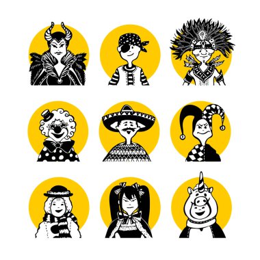 Noel karnavalı kostümleri. 8 komik karikatür insanı sarı çemberdeki karakter avatarıyla karşı karşıya. Yeni yıl, cadı, korsan, Kızılderili, palyaço, Meksikalı, Arlequin, kardan adam, anime, tek boynuzlu at, kostüm, kıyafetler.