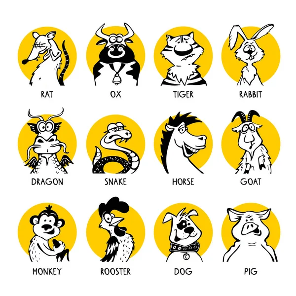 Bláznivé Ikony Zvířat Východního Zvěrokruhu Pro Horoskop Pro Čínský Nový — Stockový vektor