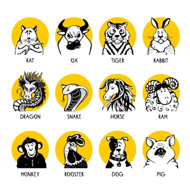 Çin Yeni Yılı burçlarında sarı daireler çizen çılgın 12 doğu burcu hayvanı.