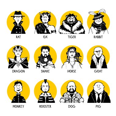 Çılgın 12 adam süslü püslü ve karnaval kostümlü Çin Yeni Yıl burcunda sarı daireler çizen doğulu hayvanlar gibi.
