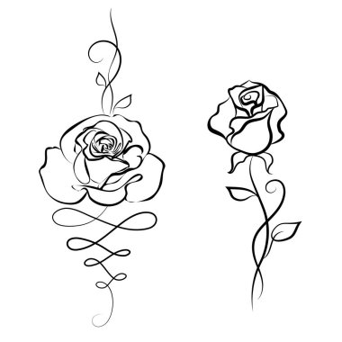 Set rose flower on stalk leaves with swirls in black lines