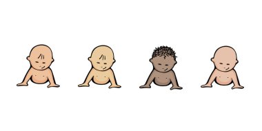 Sevimli, çıplak bebek, farklı insanlar ve uluslar olarak dört renkli olarak sürünerek ilerler. Çizgi roman tarzında. Beyaz arkaplanda izole