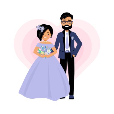 Gelinlik giymiş, erkek damat ve kadın gelinle mutlu bir çift. Kadınlar kısa asimetrik saç kesimi ve siyah saç. Sakal ve erkek gözlüğü. Davet için.