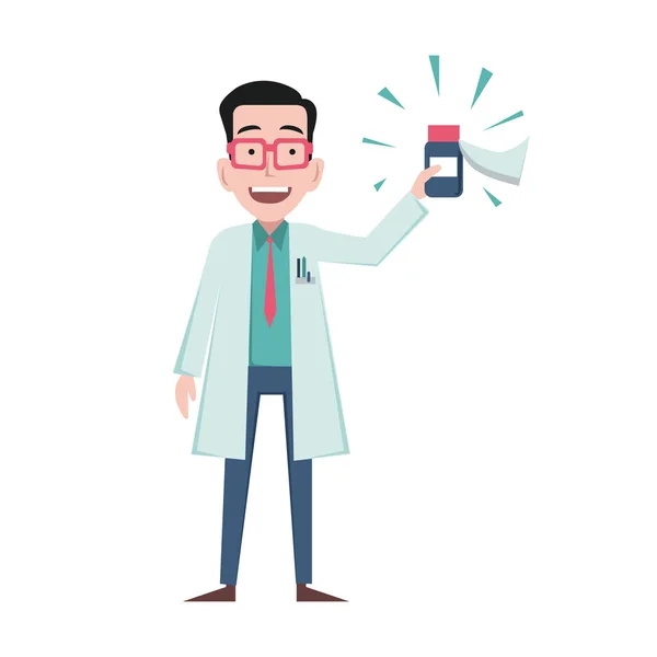 Man Doctor Smiling Glasses Holds Bottle Medicine Vaccine His Hands — Stock Vector