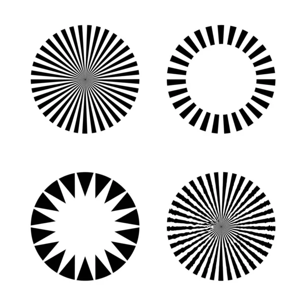 Conjunto Círculos Com Raios Negros Monocromáticos Linhas Hipnóticas Abstratas Forma —  Vetores de Stock