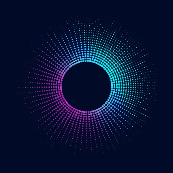 Bright Glowing Halftone Neon Circle Gradient Rays Dots Disco — Stock Vector