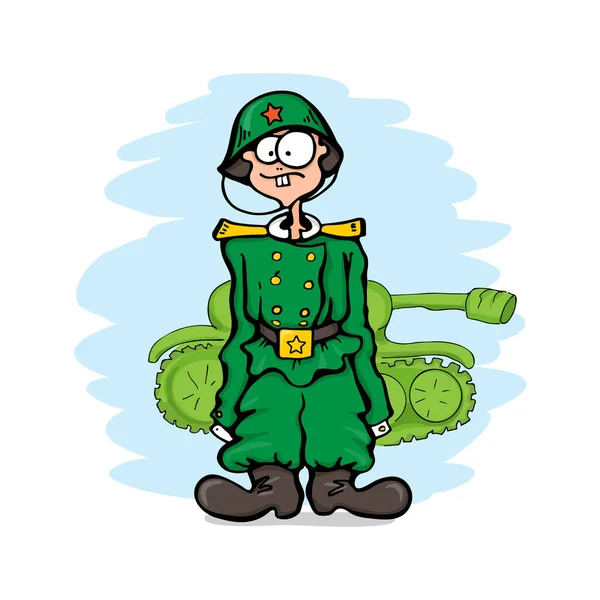 漫画中的苏联或俄罗斯愚蠢或幼稚的坏士兵与坦克 关于身着迷彩服 体形庞大 涂鸦式绿色制服的军人的滑稽漫画 — 图库矢量图片