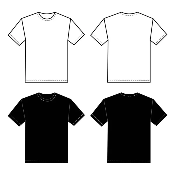 Set Modelli Shirt Bianche Nere Vuote Con Cuciture Punteggiate Vista — Vettoriale Stock