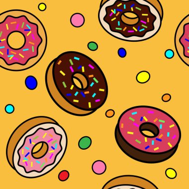 Ambalaj kağıdı, kumaş ve tekstil için sarı bebek arka planında donut deseni ve renkli yuvarlak şekerler