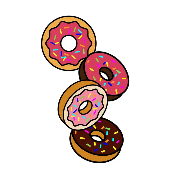 Flying Falling Cartoon Donuts White Background Retro Hippie Design Decorative — Stock Vector