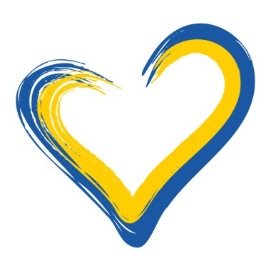 Ulusal cesaret sembolü sarı ve mavi Ukrayna grunge kalbi boyayla çizilmiş. Logo, tabela, dekor, sosyal medya paylaşımları, afişler, kartpostallar, eşyalar, kıyafetler, kumaşlar için