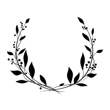 Yaprak ve böğürtlenli iki daldan oluşan tek renkli zarif çiçekli yuvarlak çerçeve. Defne çelenkleri için amblem ya da logo. El çizimi düğün için bitkisel yapraklar davetiye için tarih kartını kaydedin