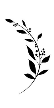 Yapraklar ve böğürtlenlerle tek renkli, zarif, yarı dairesel bir dal. Defne çelenkleri için amblem ya da logo. Davetiye için el yapımı düğün bitkisi yaprakları