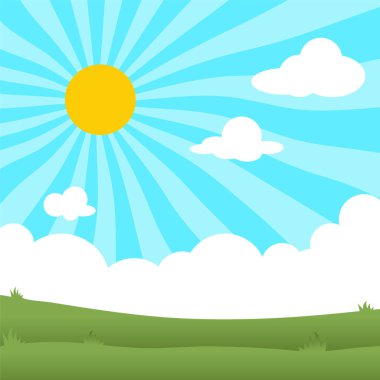Yaz manzarası, güneş ışığı ve mavi gökyüzünde bulutlar ve yeşil çimen düz çizgi film tarzıyla. Boş temizleme şablonu için arka plan. Pankart, davetiye, kart, web sitesi için tasarım