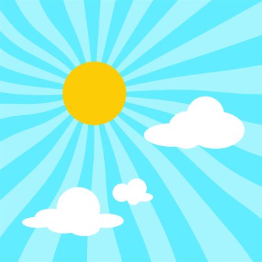 Mavi gökyüzünde ışık saçan sarı güneş ve düz çizgi film tarzında bulutlar. Boş şablon için arkaplan. Pankart, davetiye, kart, web sitesi için düz stil tasarımı