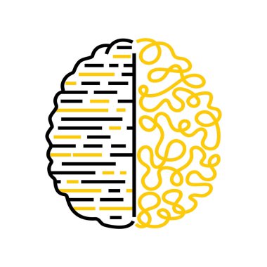 Beynin bembeyaz arka planda program kodlu ve yaratıcılığı olan tasviri. Psikoloji ve tıp. Doğrusal stil. Siyah ve sarı renk