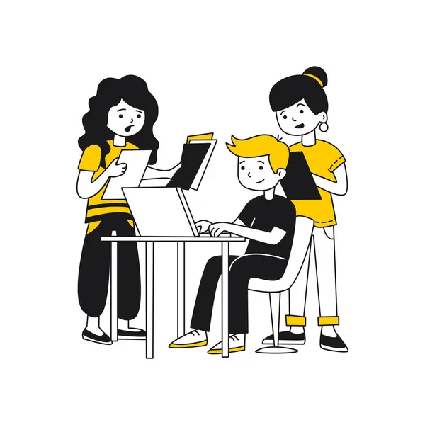 Employees Talking Office Desk Computer Girls Standing Guy Working Laptop — Stock Vector