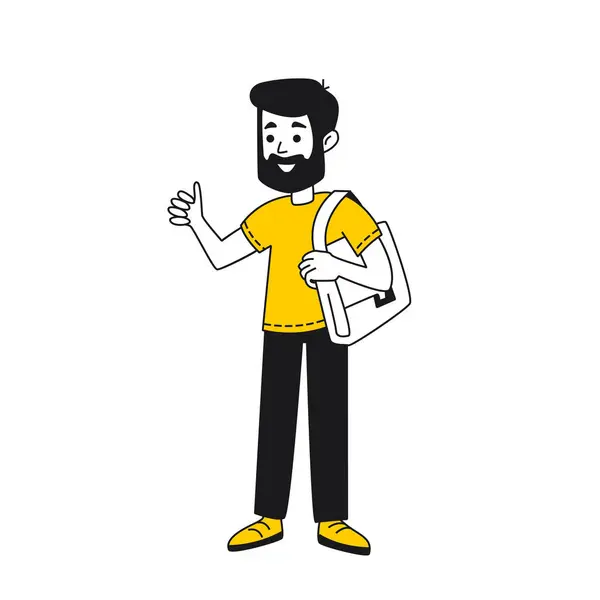 Man Beard Laptop Bag His Shoulder Shows Thumbs Approval Symbol — Stock Vector